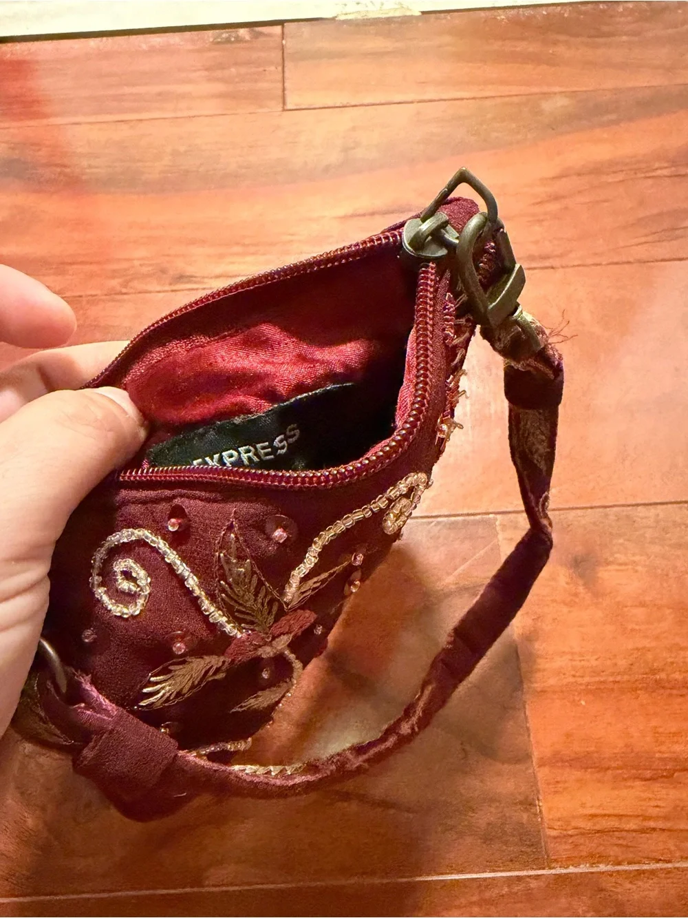 Vintage Express Small Maroon Embroidered Fabric Purse Wristlet Bag Beaded Floral